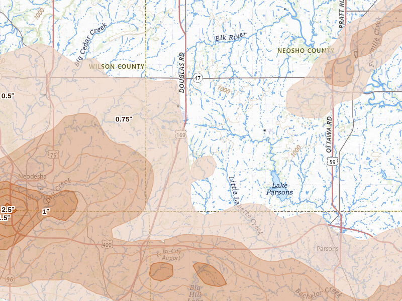 Radar-estimated hail-size map of the storm over Thayer, KS on Apr 26, 2026