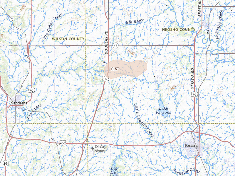 Radar-estimated hail-size map of the storm over Thayer, KS on Apr 27, 2026