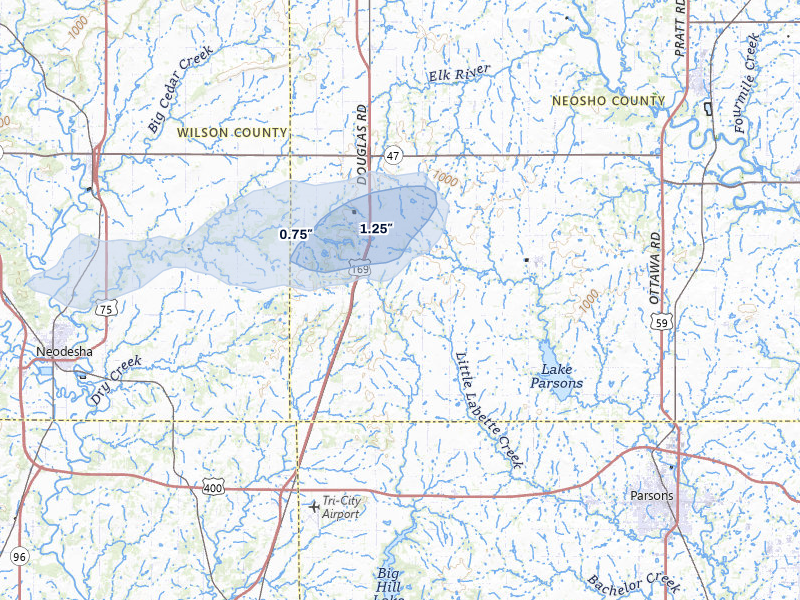 NEXRAD radar-signature map of the hail over Thayer, KS
