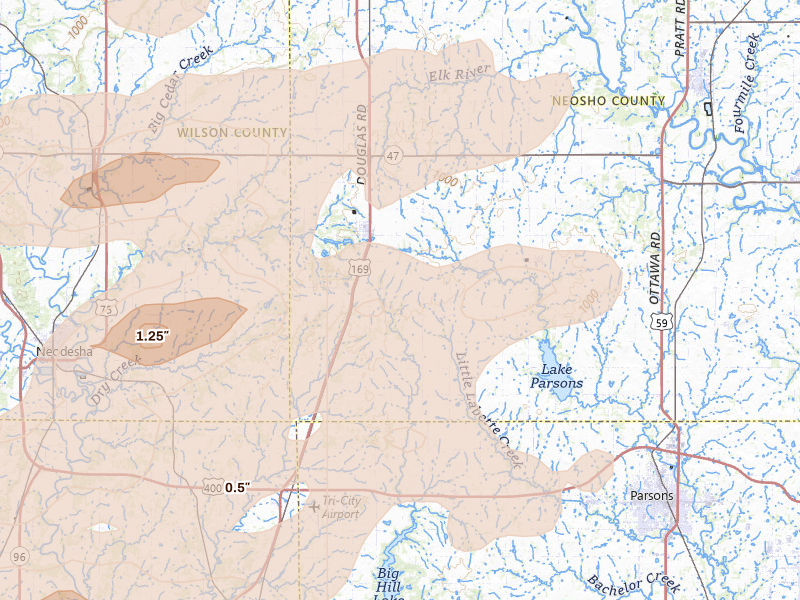 Radar-estimated hail-size map of the storm over Thayer, KS on May 31, 2026