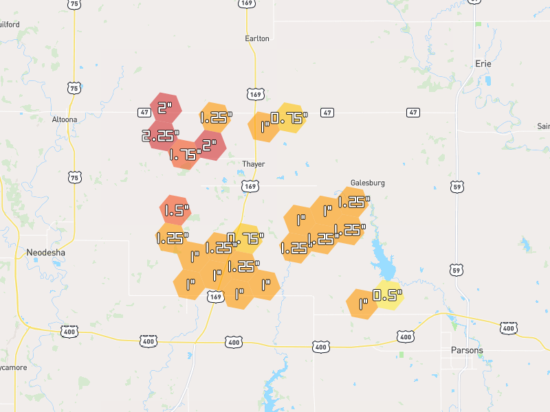 Hail map of Thayer, KS on Jun 1, 2026, hail up to 2.25"