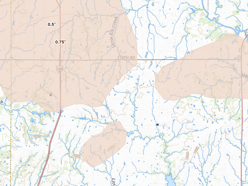 Radar-estimated hail-size map of the storm over Thayer, KS