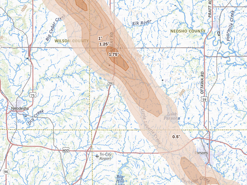 Radar-estimated hail-size map of the storm over Thayer, KS on Jun 16, 2026