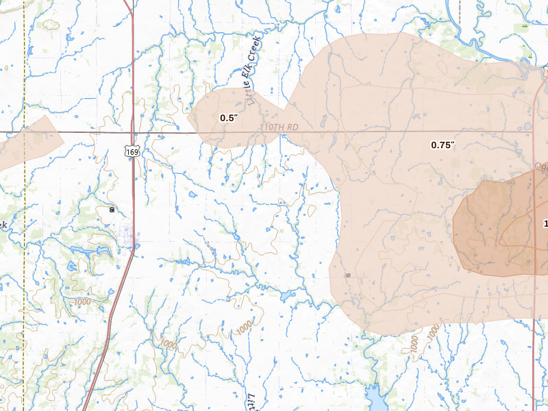 Radar-estimated hail-size map of the storm over Thayer, KS on Jul 10, 2026