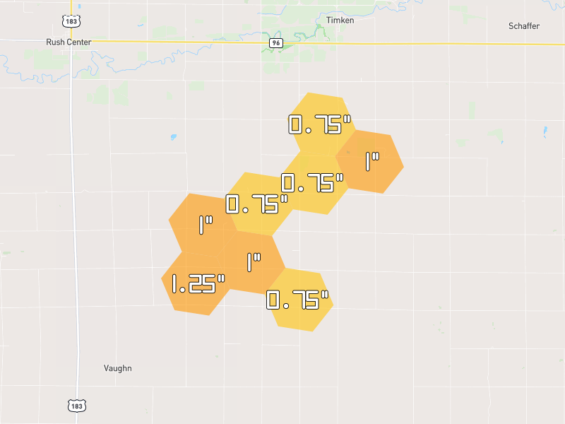 Hail map of Timken, KS on Jun 9, 2026, hail up to 1.25"