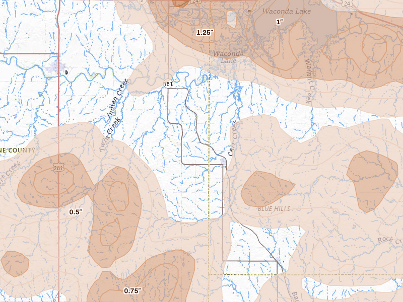 Radar-estimated hail-size map of the storm over Tipton, KS on Jun 8, 2026