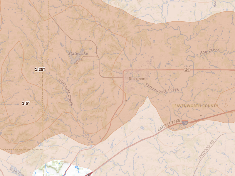 Radar-estimated hail-size map of the storm over Tonganoxie, KS on Apr 26, 2026