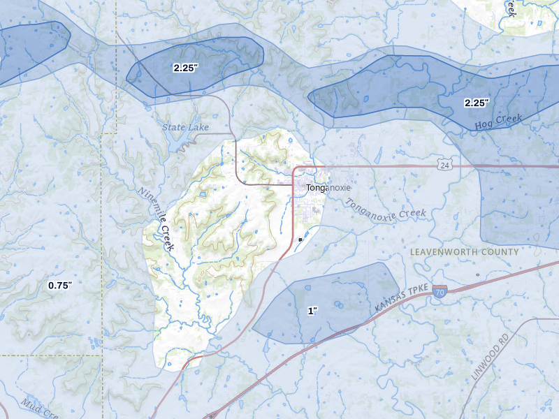 NEXRAD radar-signature map of the hail over Tonganoxie, KS