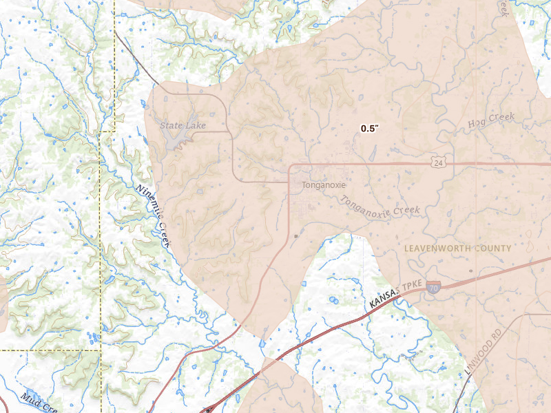 Radar-estimated hail-size map of the storm over Tonganoxie, KS on Jul 8, 2026