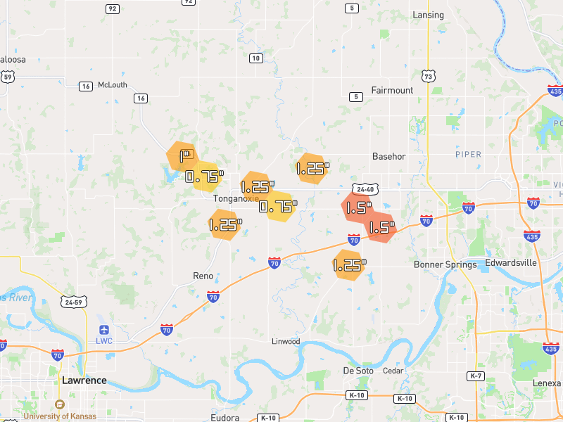 Hail map of Tonganoxie, KS on Jul 9, 2026, hail up to 1.5"