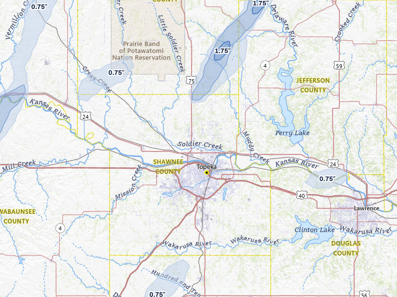 NEXRAD radar-signature map of the hail storm over Topeka, KS on Mar 5, 2026