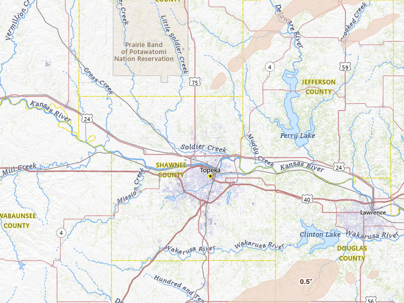 Radar-estimated hail-size map of the storm over Topeka, KS on Apr 17, 2026