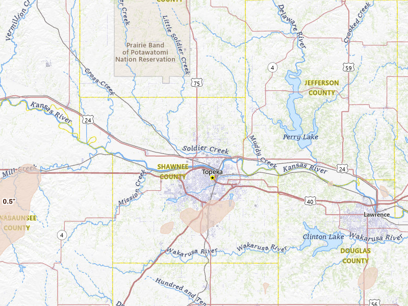 Radar-estimated hail-size map of the storm over Topeka, KS on Apr 23, 2026