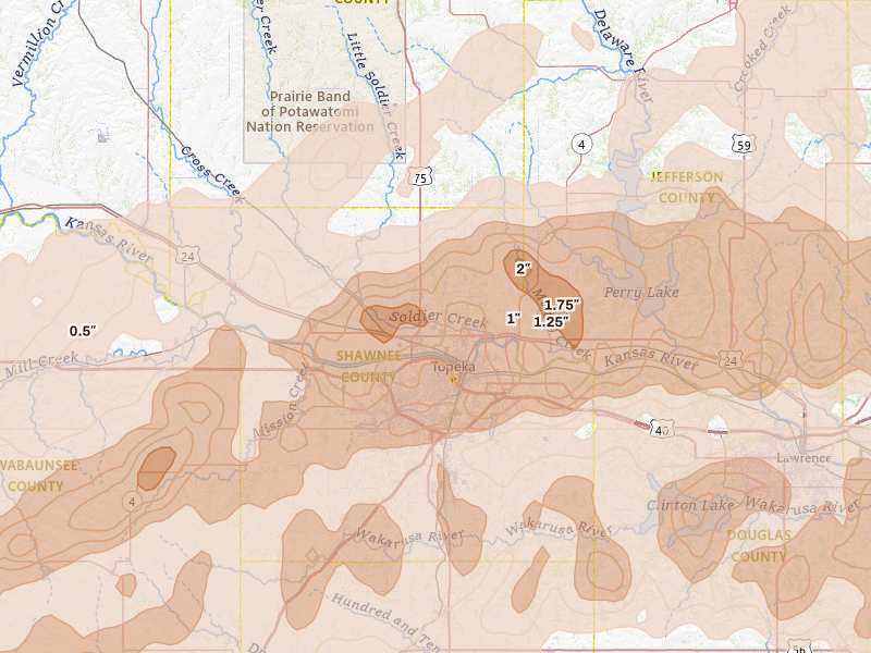 Radar-estimated hail-size map of the storm over Topeka, KS on Apr 26, 2026