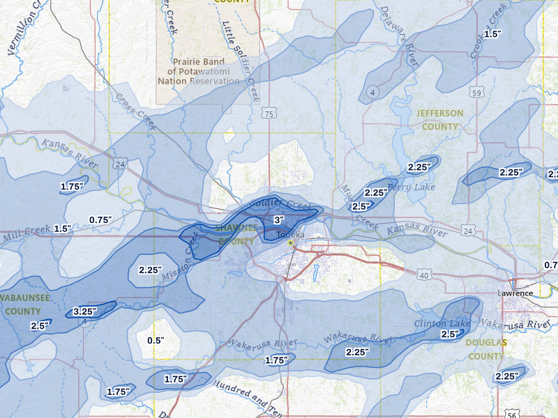 NEXRAD radar-signature map of the hail over Topeka, KS