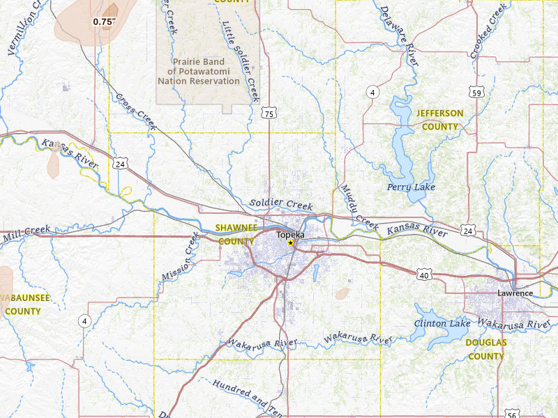 Radar-estimated hail-size map of the storm over Topeka, KS on May 30, 2026