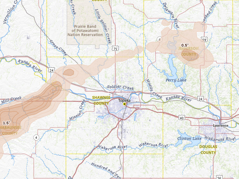 Radar-estimated hail-size map of the storm over Topeka, KS on May 31, 2026