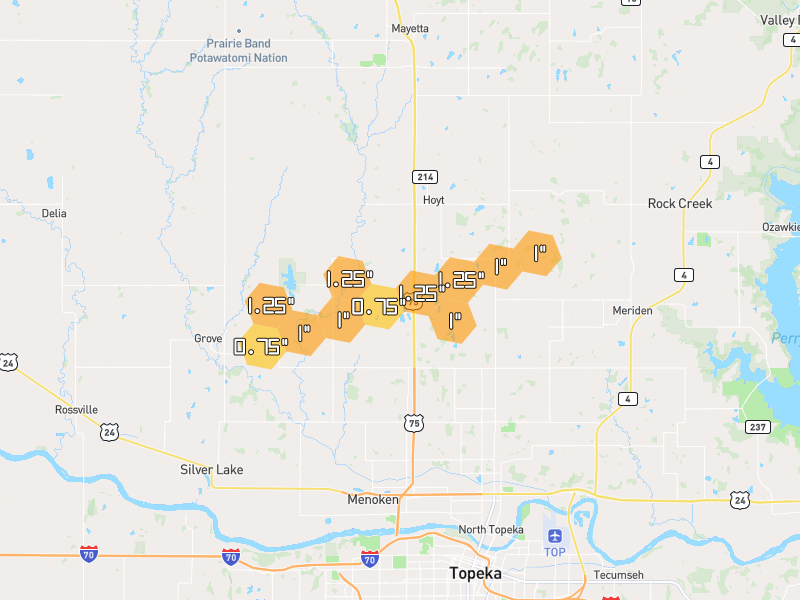 Hail map of Topeka, KS on Jun 1, 2026, hail up to 1.25"
