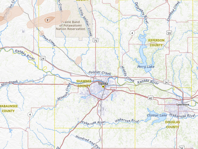 Radar-estimated hail-size map of the storm over Topeka, KS on Jun 4, 2026