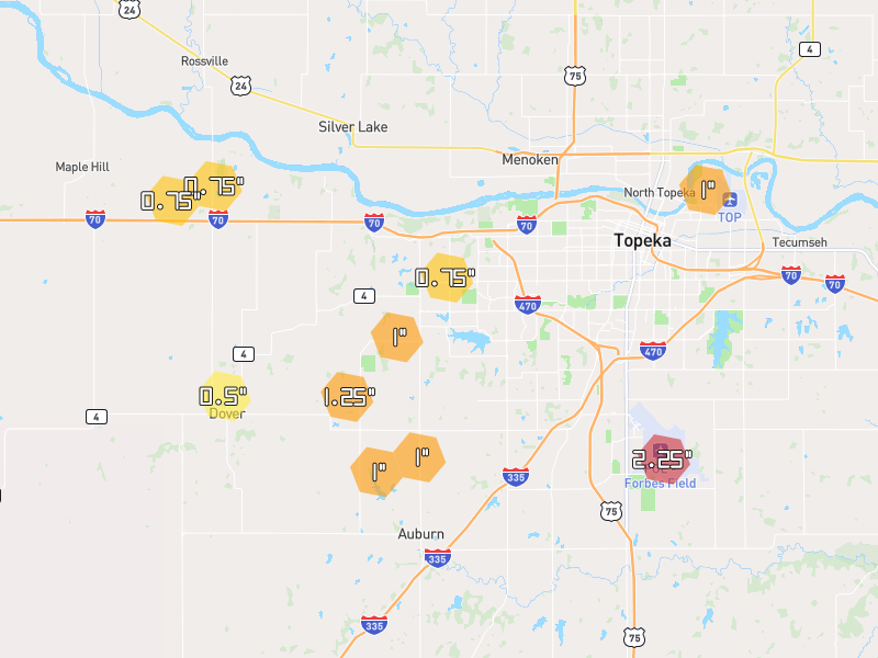 Hail map of Topeka, KS on Jun 9, 2026, hail up to 2.25"