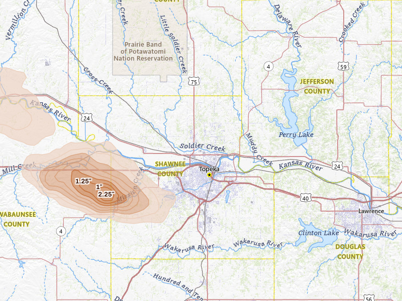 Radar-estimated hail-size map of the storm over Topeka, KS on Jun 10, 2026