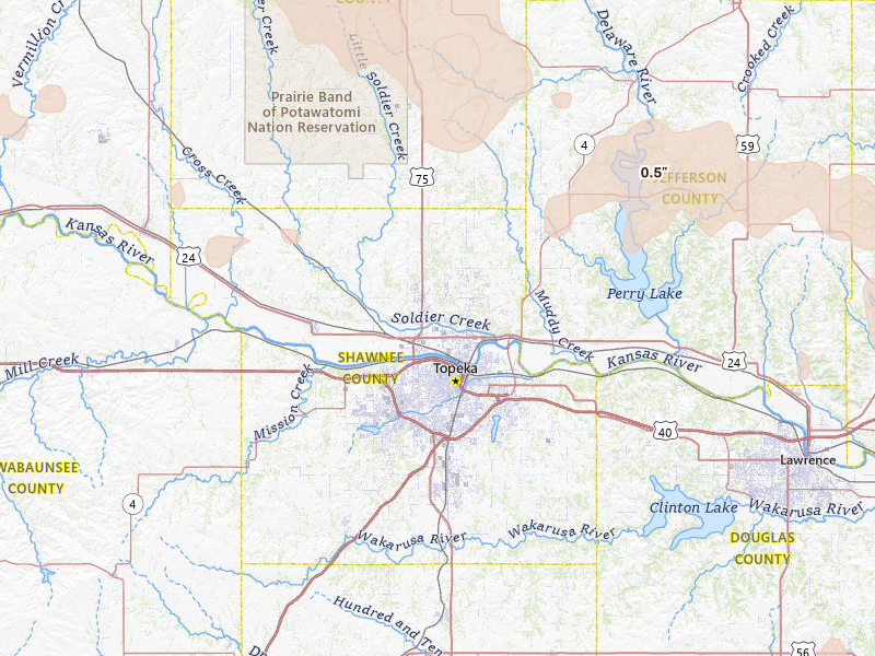 Radar-estimated hail-size map of the storm over Topeka, KS on Jul 8, 2026
