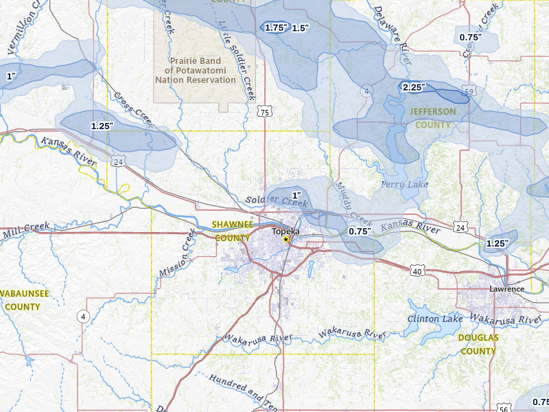 NEXRAD radar-signature map of the hail storm over Topeka, KS on Jul 8, 2026