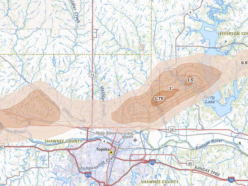 Radar-estimated hail-size map of the storm over Topeka, KS on Aug 14, 2026