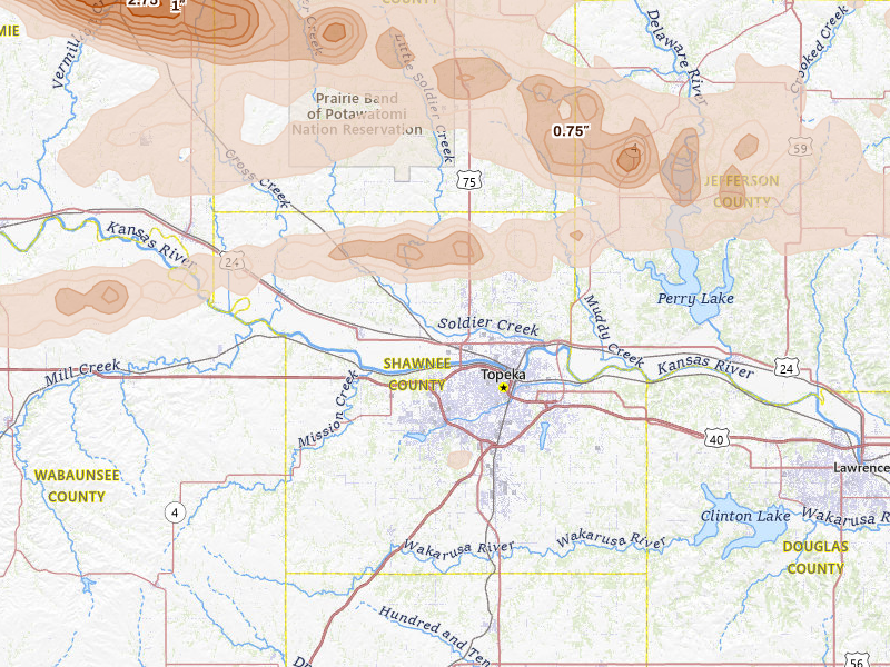 Radar-estimated hail-size map of the storm over Topeka, KS on Aug 18, 2026