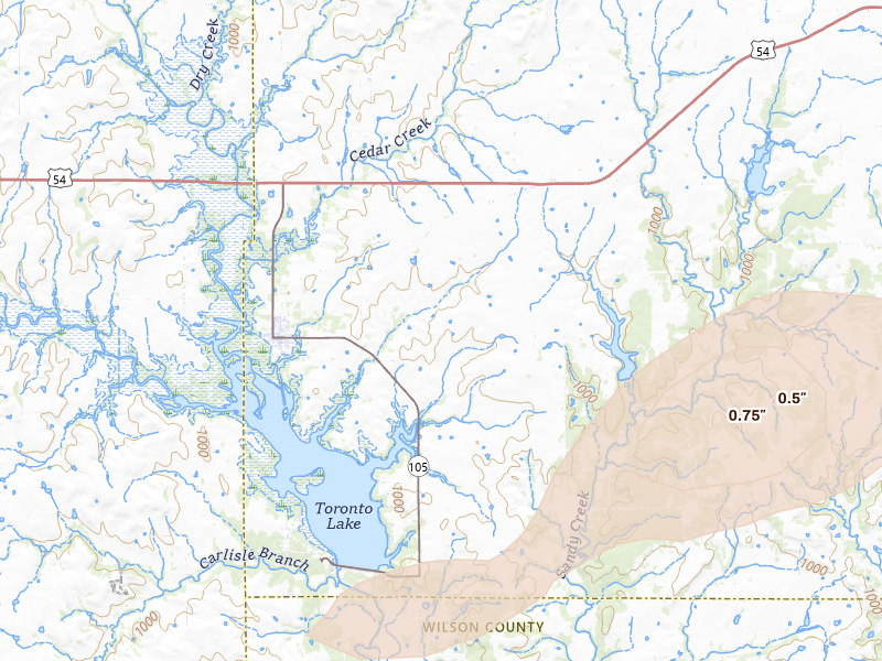 Radar-estimated hail-size map of the storm over Toronto, KS on Mar 31, 2026