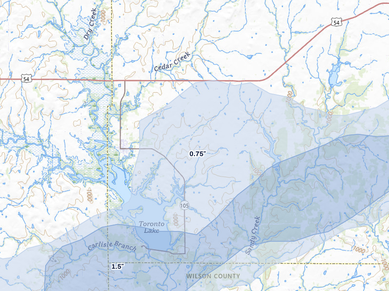 NEXRAD radar-signature map of the hail over Toronto, KS