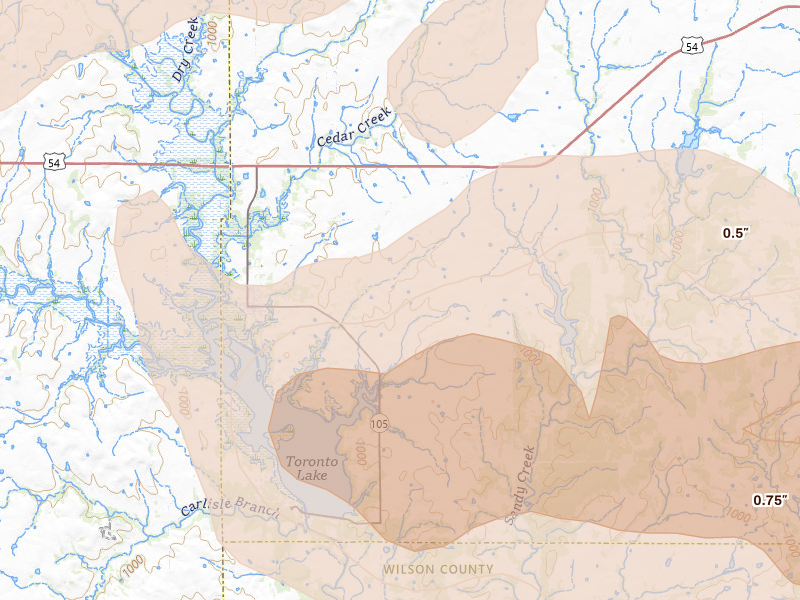 Radar-estimated hail-size map of the storm over Toronto, KS on May 31, 2026