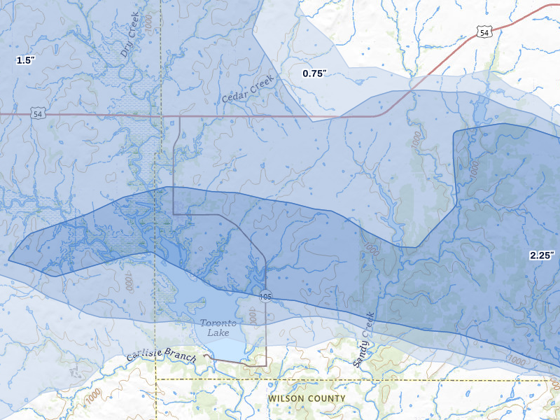 NEXRAD radar-signature map of the hail storm over Toronto, KS on May 31, 2026