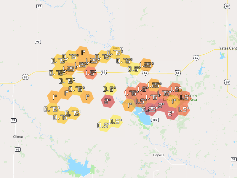 Hail map of Toronto, KS on Jun 1, 2026, hail up to 2.25"