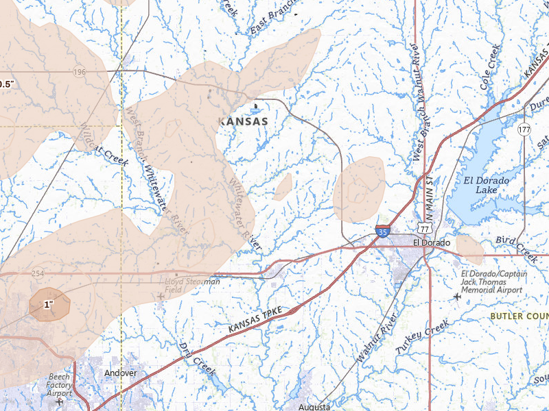 Radar-estimated hail-size map of the storm over Towanda, KS on Mar 10, 2026