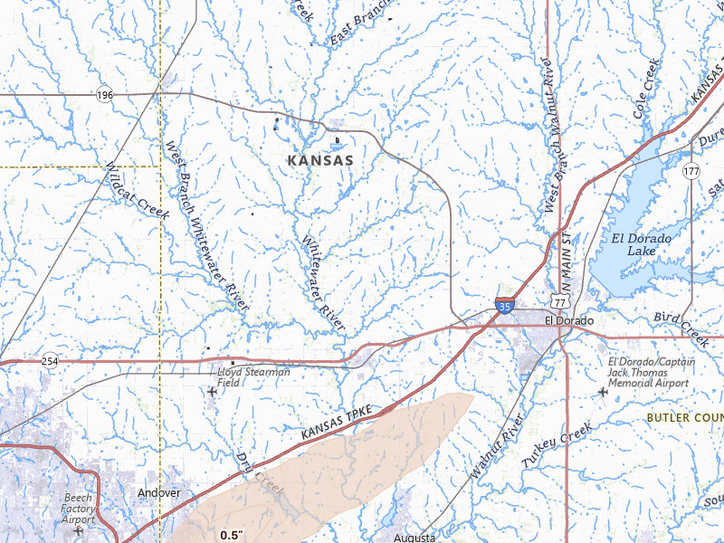 Radar-estimated hail-size map of the storm over Towanda, KS on Apr 3, 2026