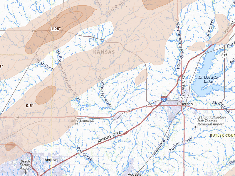 Radar-estimated hail-size map of the storm over Towanda, KS on Apr 17, 2026