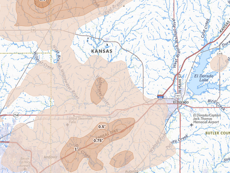 Radar-estimated hail-size map of the storm over Towanda, KS on Apr 23, 2026