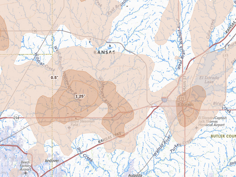 Radar-estimated hail-size map of the storm over Towanda, KS on May 30, 2026
