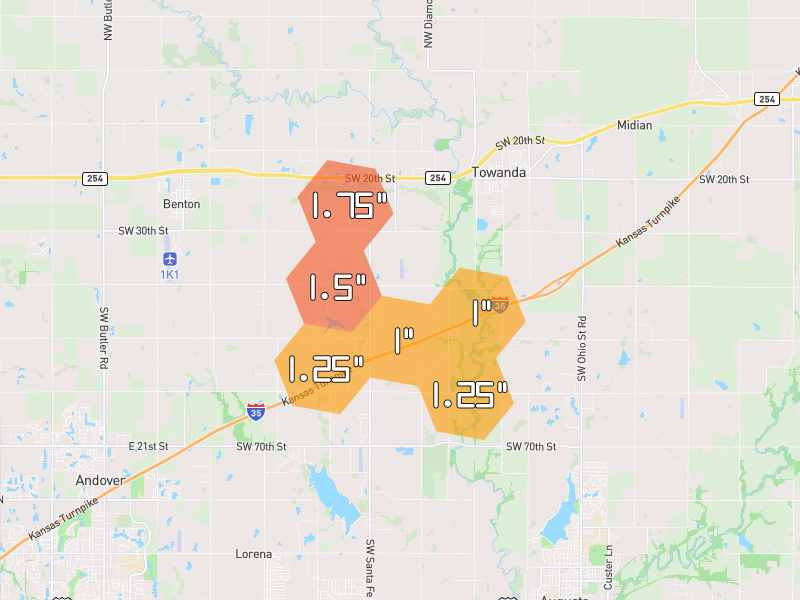 Hail map of Towanda, KS on Jun 26, 2026, hail up to 1.75"