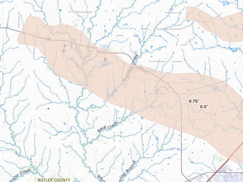 Radar-estimated hail-size map of the storm over Towanda, KS on Aug 7, 2026