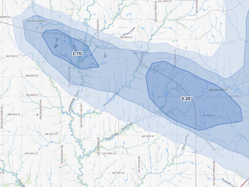NEXRAD radar-signature map of the hail storm over Towanda, KS on Aug 7, 2026