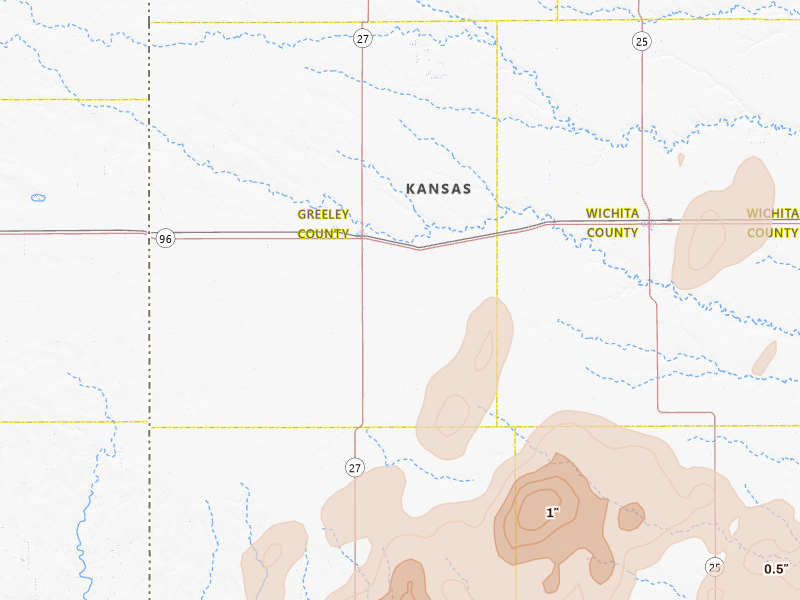 Radar-estimated hail-size map of the storm over Tribune, KS on Jul 1, 2026