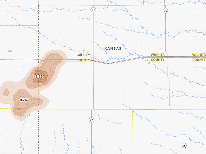 Radar-estimated hail-size map of the storm over Tribune, KS on Jul 8, 2026