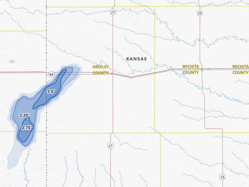 NEXRAD radar-signature map of the hail storm over Tribune, KS on Jul 8, 2026