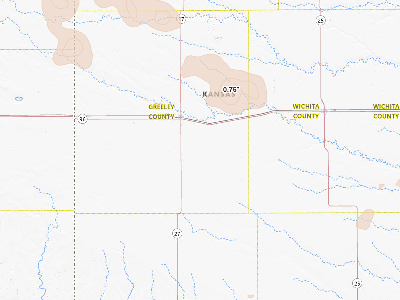 Radar-estimated hail-size map of the storm over Tribune, KS on Jul 9, 2026