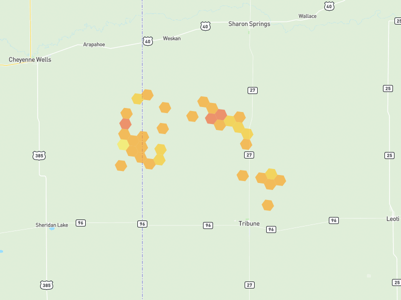 Hail map of Tribune, KS on Jul 10, 2026, hail up to 1.5"