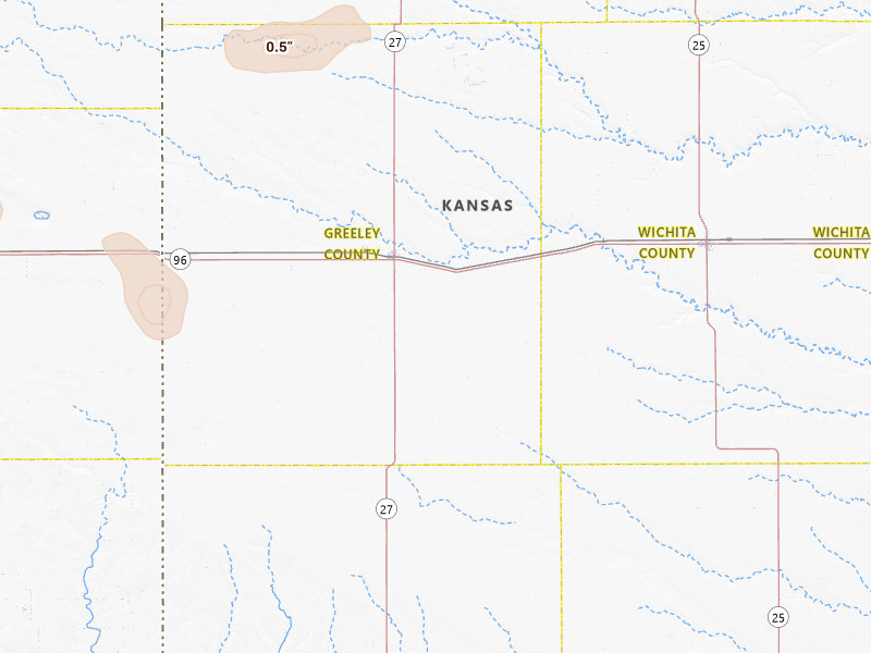 Radar-estimated hail-size map of the storm over Tribune, KS on Jul 23, 2026