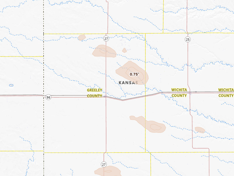 Radar-estimated hail-size map of the storm over Tribune, KS on Aug 5, 2026
