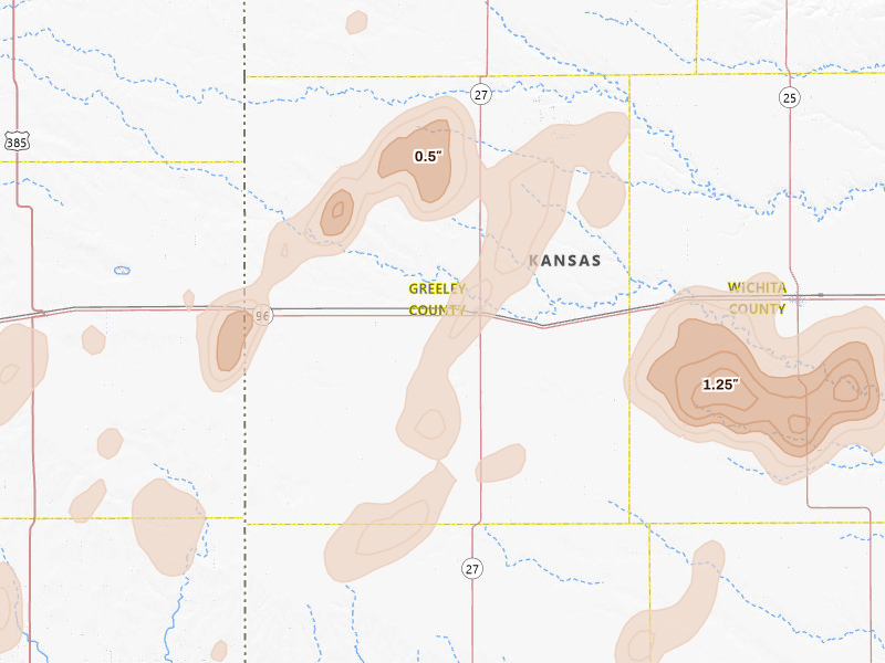 Radar-estimated hail-size map of the storm over Tribune, KS on Aug 13, 2026